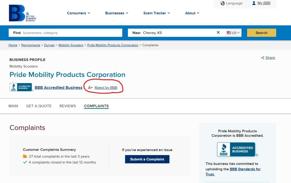 a plus rating with the bbb pride mobility bbb rating